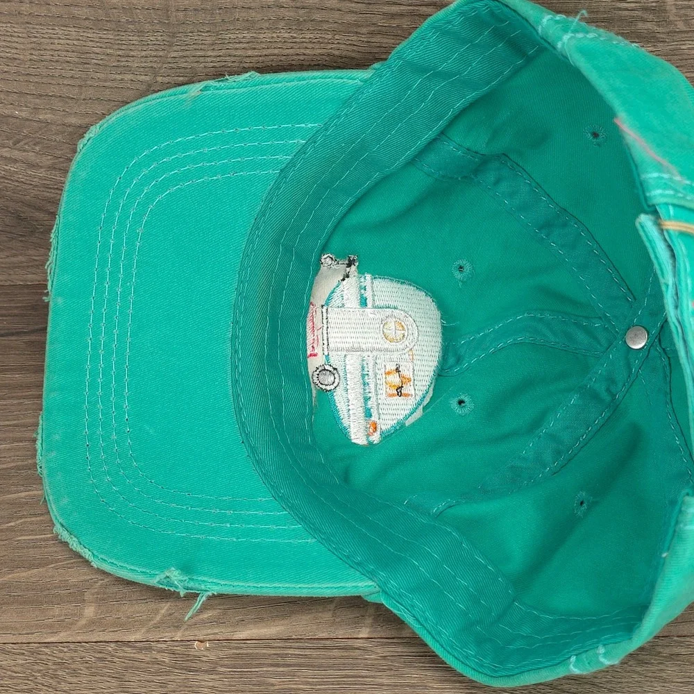 Happy Camper Hat Cap Womens Strap Back Green Distressed RV Camping Hike Gorpcore